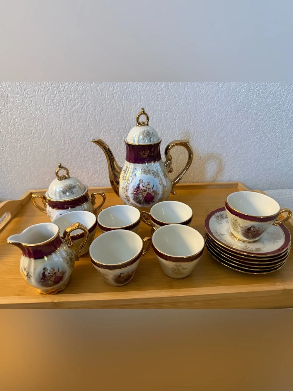 Romeo and Juliet Porcelain Tea Set with Burgundy and Gold Accents